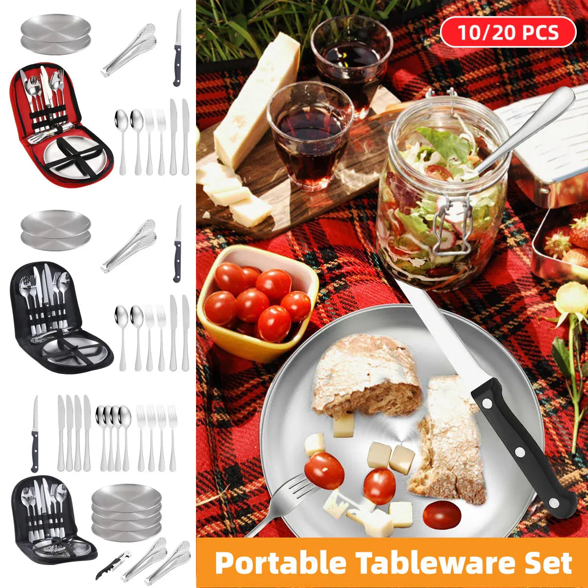 10 Piece Camping Cutlery Set for 2 People - Red
