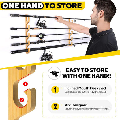 1Pair Bamboo Fishing Rod Holder Wall Mounted Wooden Storage Rack Stand Organizer