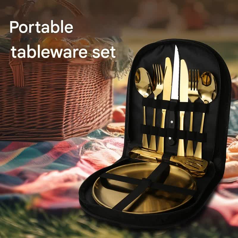 6-Piece Portable Stainless Steel Cutlery Set with Plate and Bag - Silver, Great for Camping and Travel (Steak Knife)