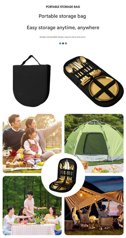 6-Piece Portable Stainless Steel Cutlery Set with Plate and Bag - Silver, Great for Camping and Travel (Steak Knife)