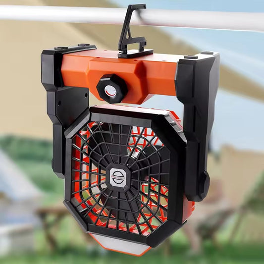 Black and orange Portable Outdoor Camping Fan with LED Light - Rechargeable USB Tent Fan for Australia