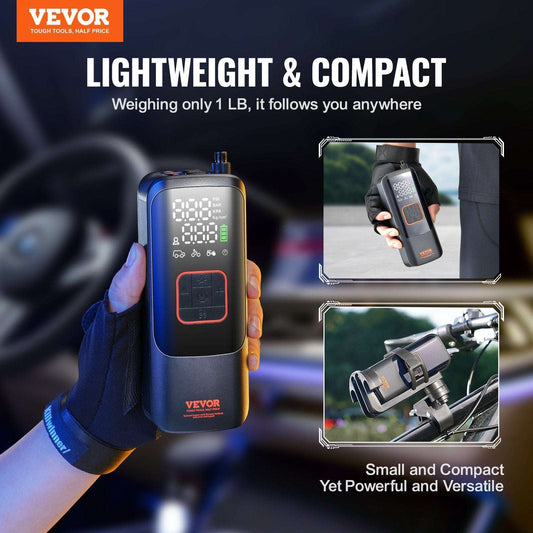 VEVOR Tire Inflator Portable Air Compressor, 150 PSI Electric Air Pump, 4000mAh Rechargeable Tire Pump with Auto-Off Function, LCD Pressure Gauge, 3 Nozzles, LED Light for Car Motorcycle Bike Ball