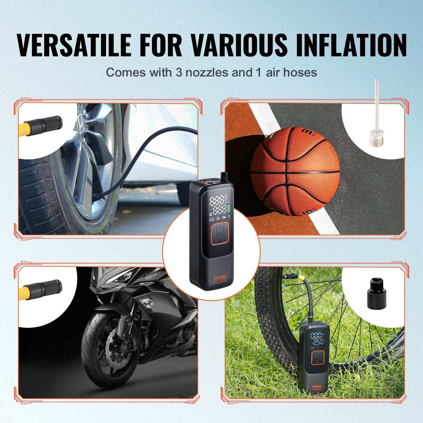 VEVOR Tire Inflator Portable Air Compressor, 150 PSI Electric Air Pump, 4000mAh Rechargeable Tire Pump with Auto-Off Function, LCD Pressure Gauge, 3 Nozzles, LED Light for Car Motorcycle Bike Ball