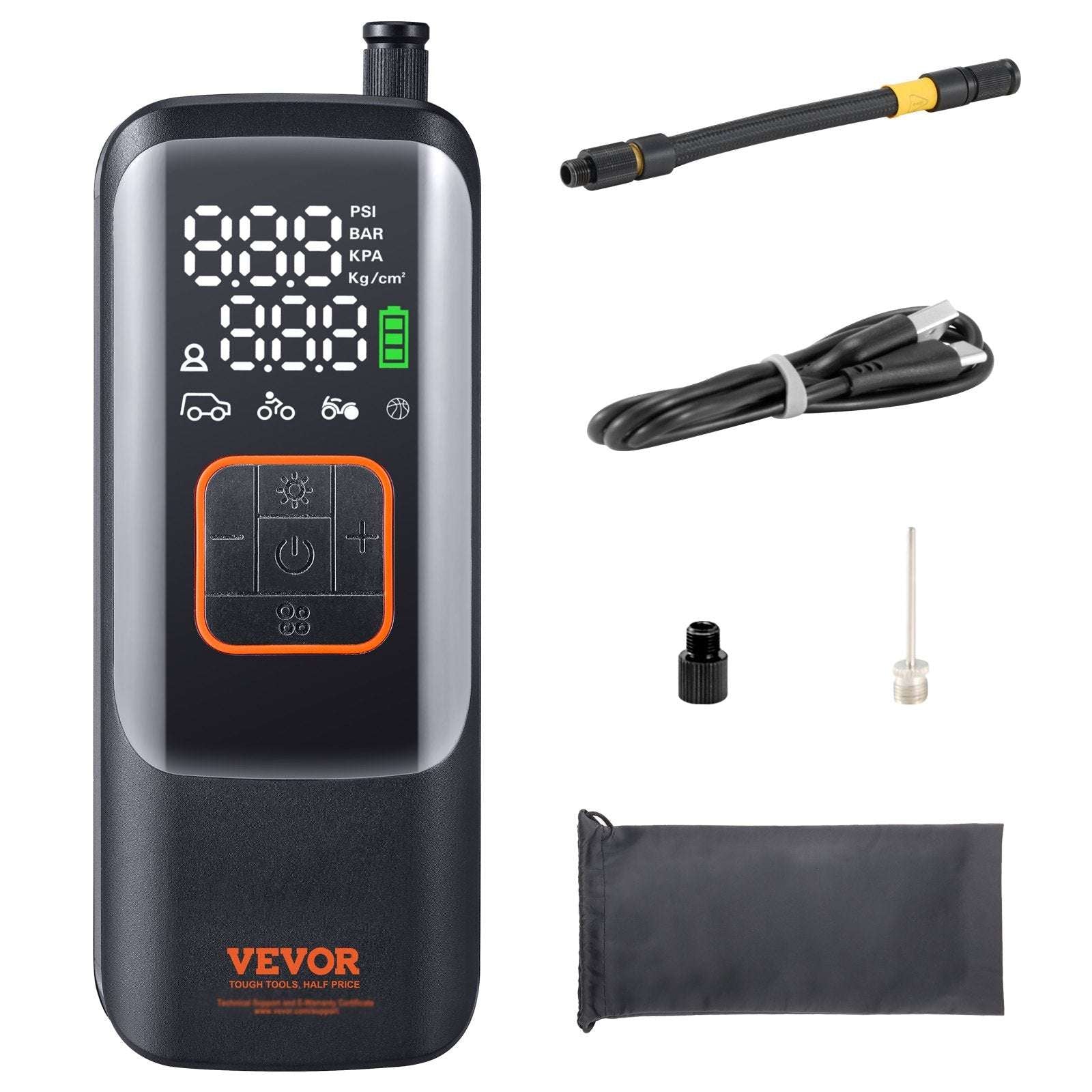 VEVOR Tire Inflator Portable Air Compressor, 150 PSI Electric Air Pump, 4000mAh Rechargeable Tire Pump with Auto-Off Function, LCD Pressure Gauge, 3 Nozzles, LED Light for Car Motorcycle Bike Ball