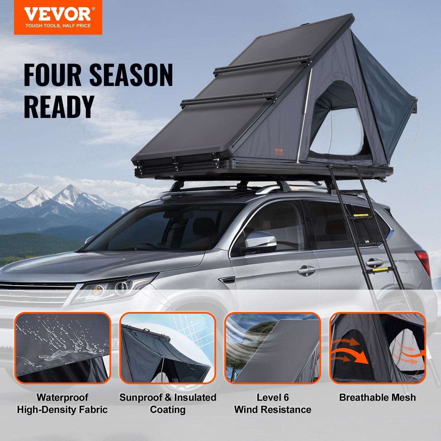 VEVOR Hard Shell Rooftop Tent | 2–3 Person Waterproof Car Tent w/ Ladder