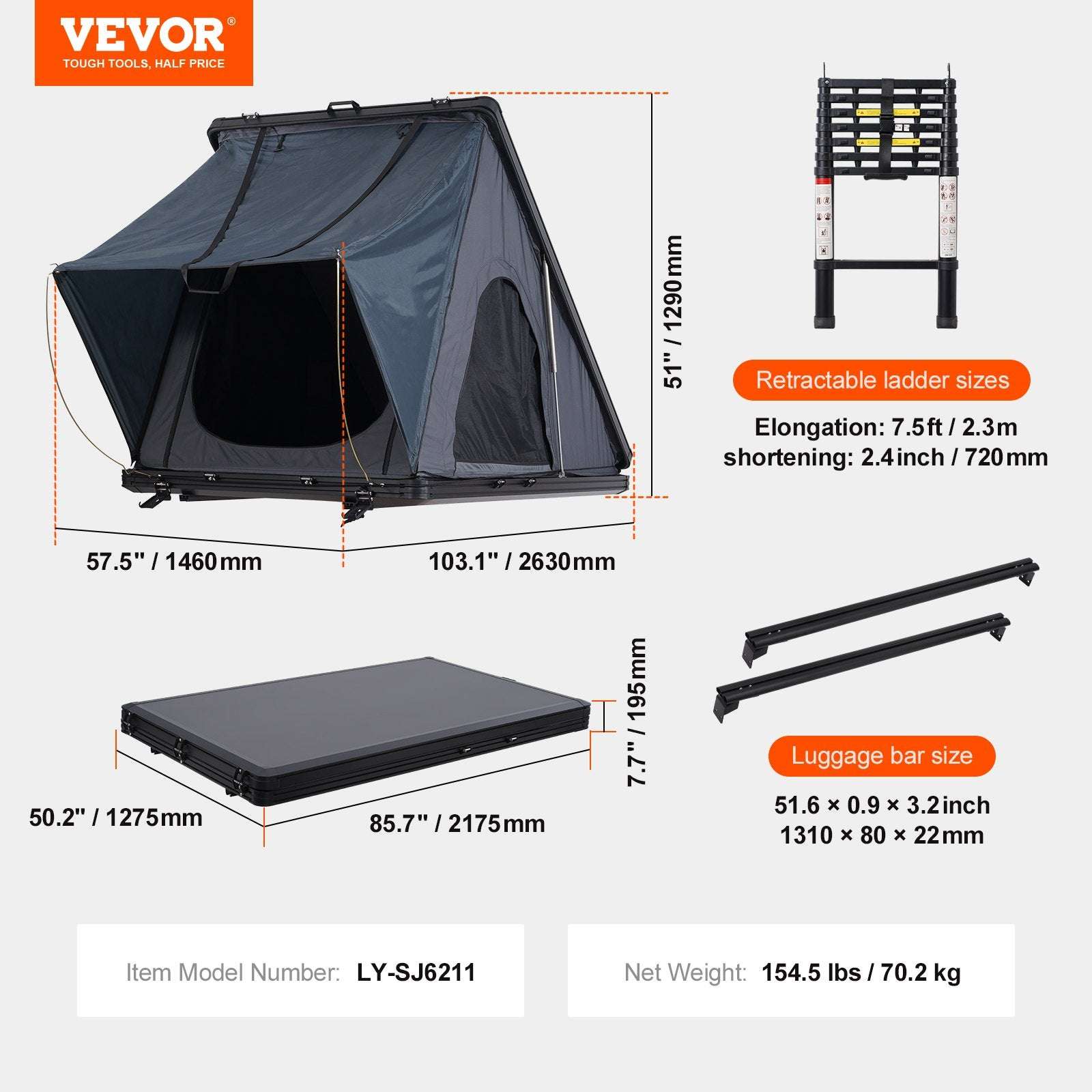 VEVOR Hard Shell Rooftop Tent | 2–3 Person Waterproof Car Tent w/ Ladder