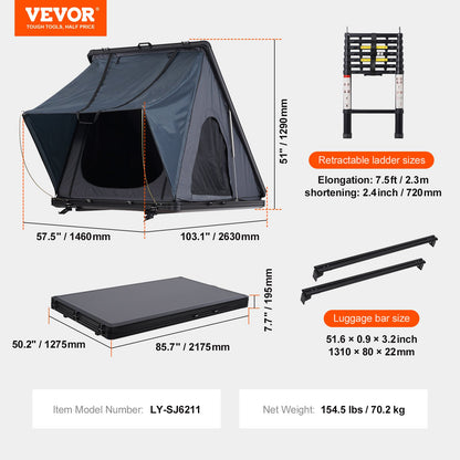 VEVOR Hard Shell Rooftop Tent | 2–3 Person Waterproof Car Tent w/ Ladder