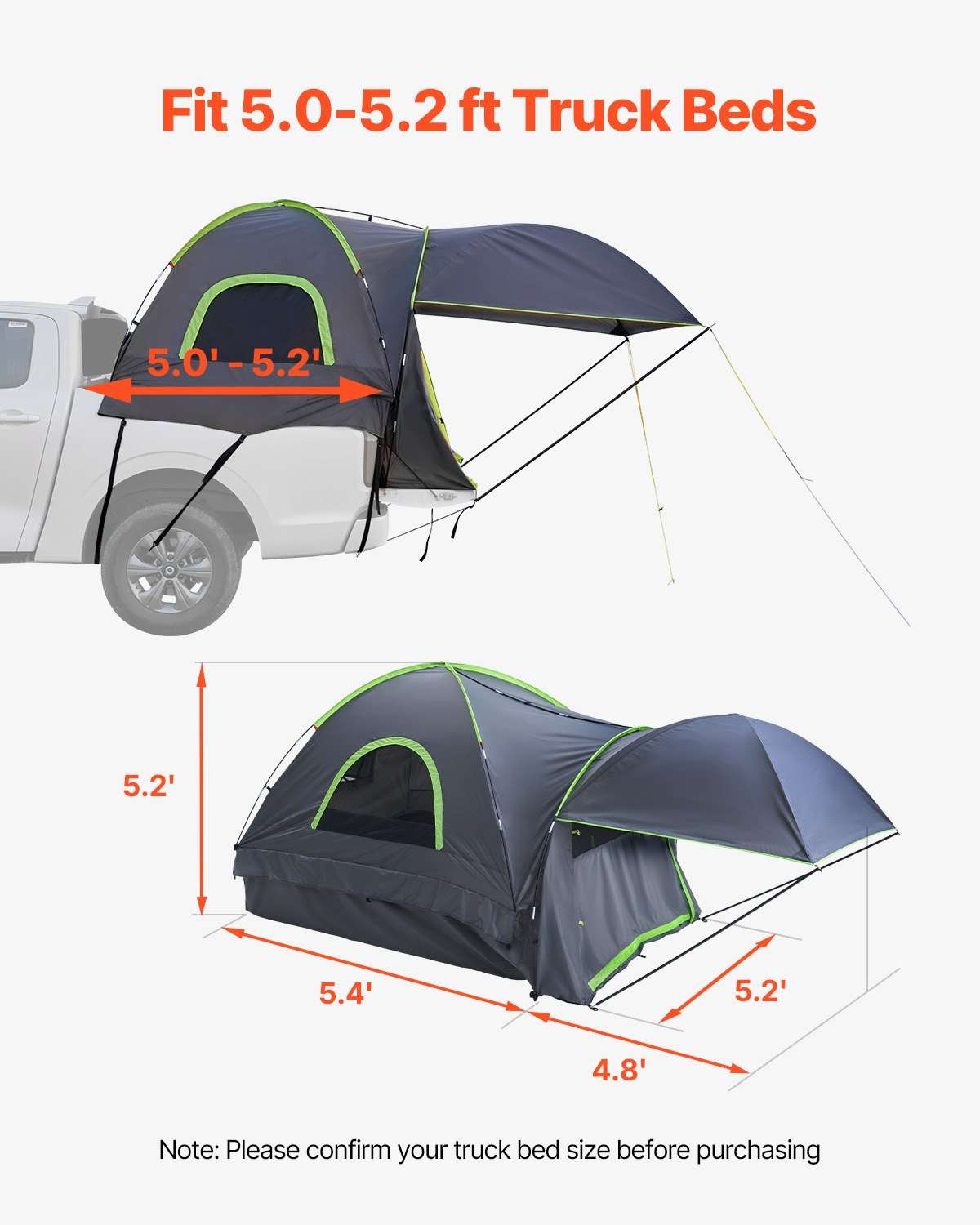 VEVOR Truck Tent 5.0-5.2ft Waterproof PU2000 Truck Bed Camping Tent 2-3 Person