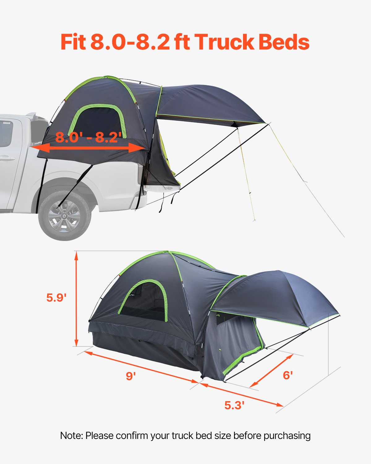 VEVOR Truck Tent 8.0-8.2ft Waterproof PU2000 Truck Bed Camping Tent 2-3 Person