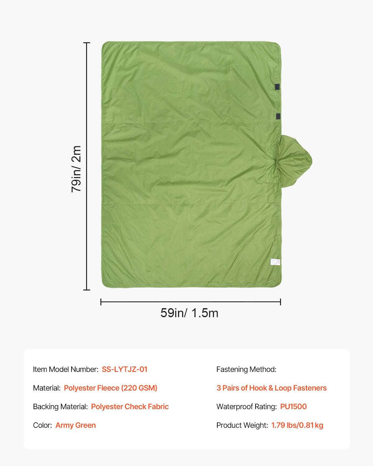 VEVOR Camping Blanket 2 m x 1.5 m Wearable Warm Stadium Blanket Army Green