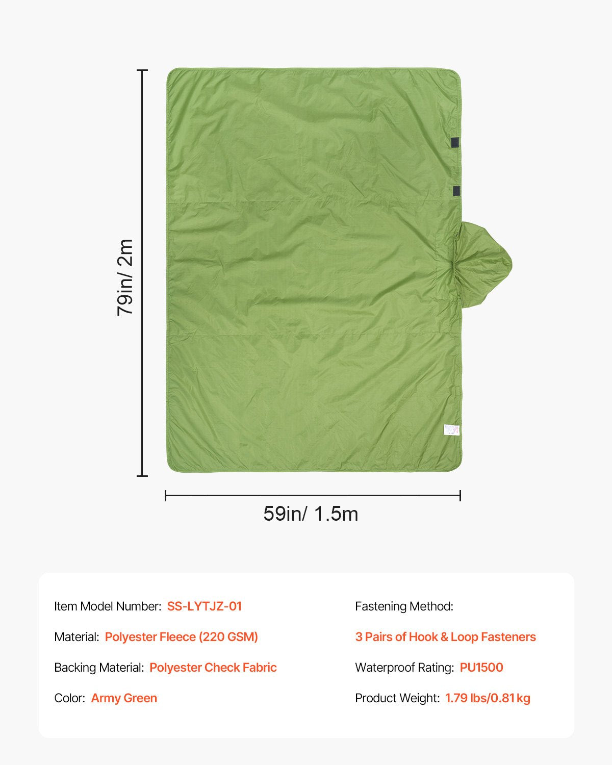 VEVOR Camping Blanket 2 m x 1.5 m Wearable Warm Stadium Blanket Army Green