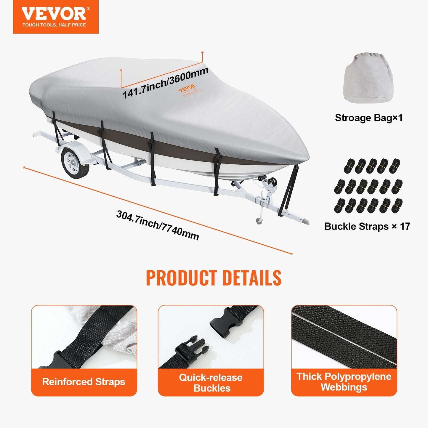 VEVOR Boat Cover 600D Waterproof 23-24 ft Boat Cover V-Hull Tri-Hull Runabout