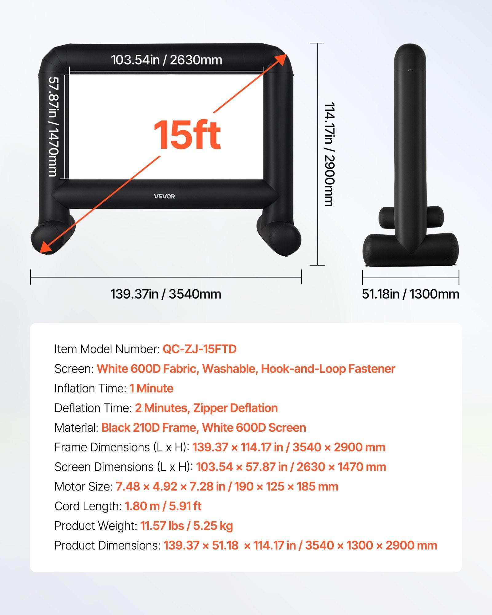 VEVOR 15 ft Inflatable Movie Screen 16:9 600D Movie Projector with Portable Bag