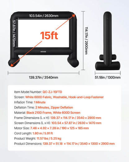 VEVOR 15 ft Inflatable Movie Screen 16:9 600D Movie Projector with Portable Bag