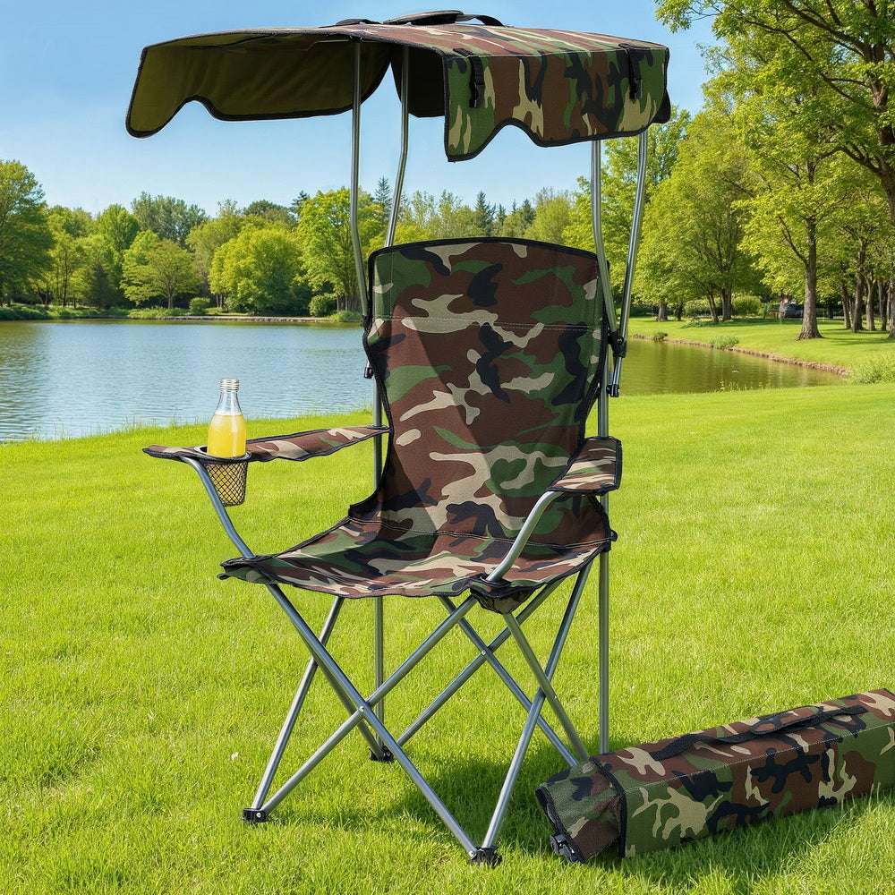 Weisshorn Camping Chair With Canopy Folding Outdoor Portable Seat Lightweight Beach Picnic Fishing Capacity 120KG Army Green