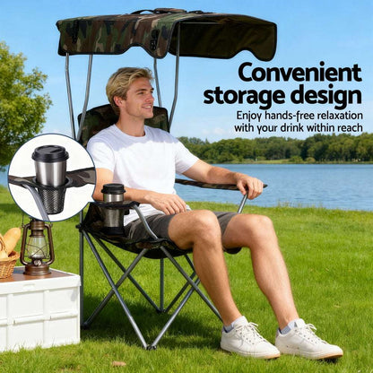 Weisshorn Camping Chair With Canopy Folding Outdoor Portable Seat Lightweight Beach Picnic Fishing Capacity 120KG Army Green