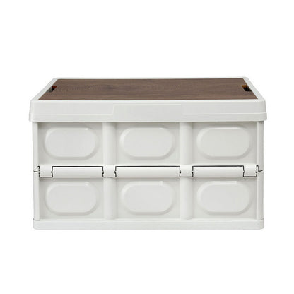 Gardeon Collapsible Outdoor Storage Box 50L Stackable Folding Camping Organizer Plywood Lid Beige