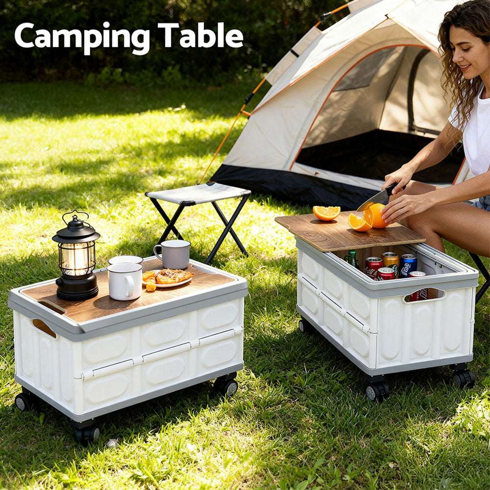 Gardeon Collapsible Outdoor Storage Box 54L Stackable Folding Camping Organizer Wheels Plywood Lid Beige