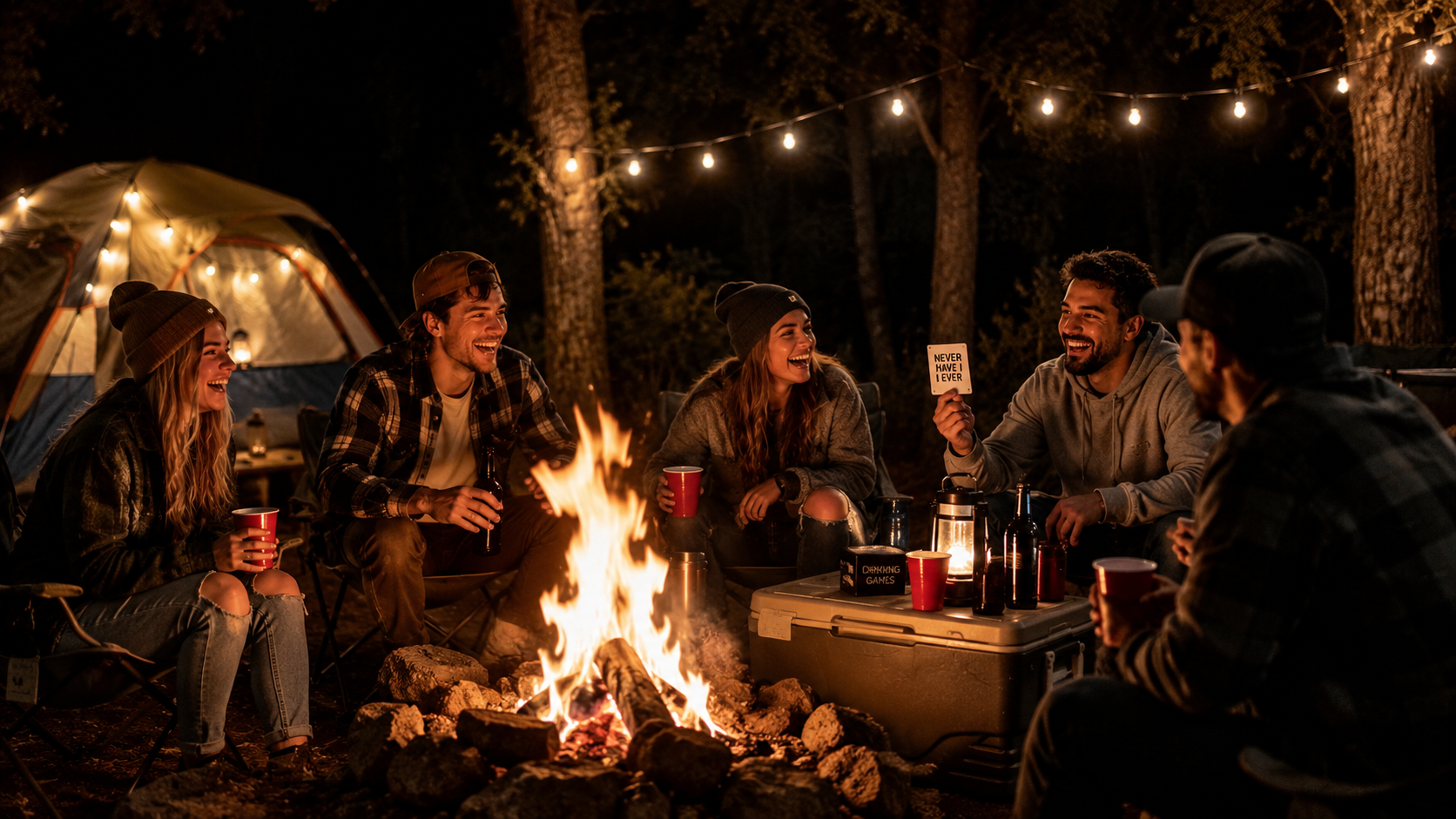 Camp drinking games for adults playing around a campfire on an outdoor weekend trip