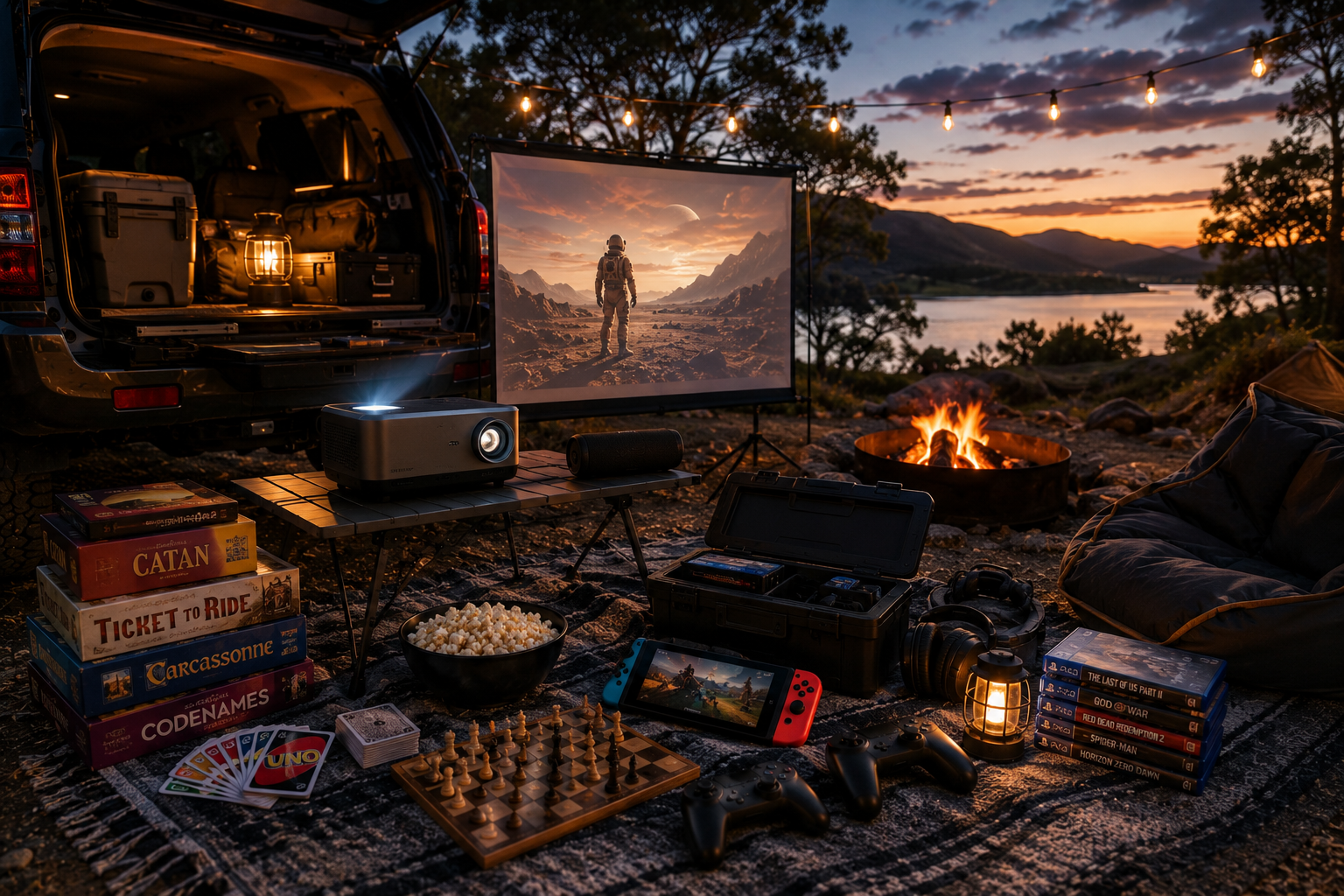 Outdoor camping movie night setup with projector screen, board games, gaming gear and campfire by the lake in Australia