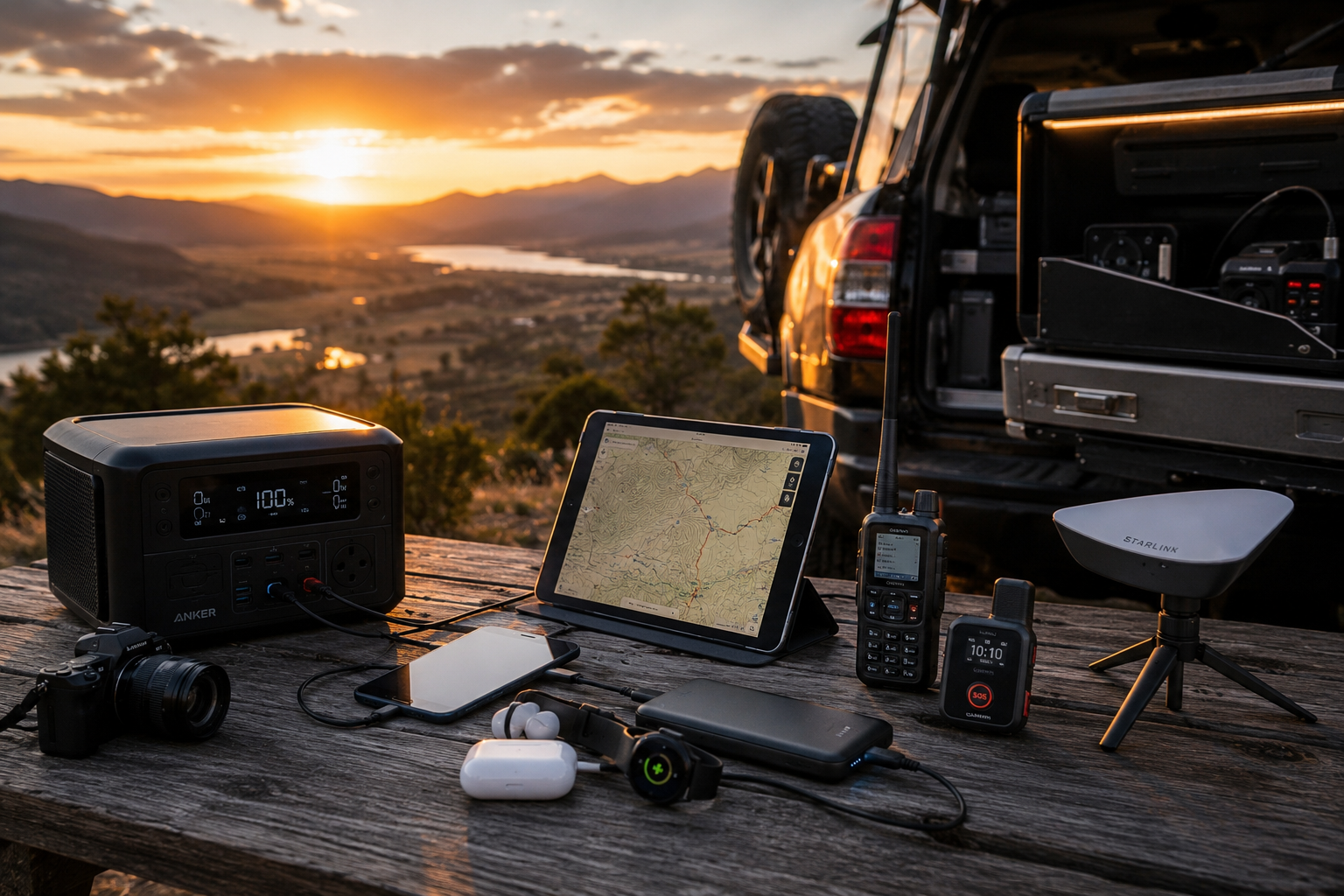 Camping tech and remote connectivity setup with Starlink, power station, GPS and devices for outdoor adventures
