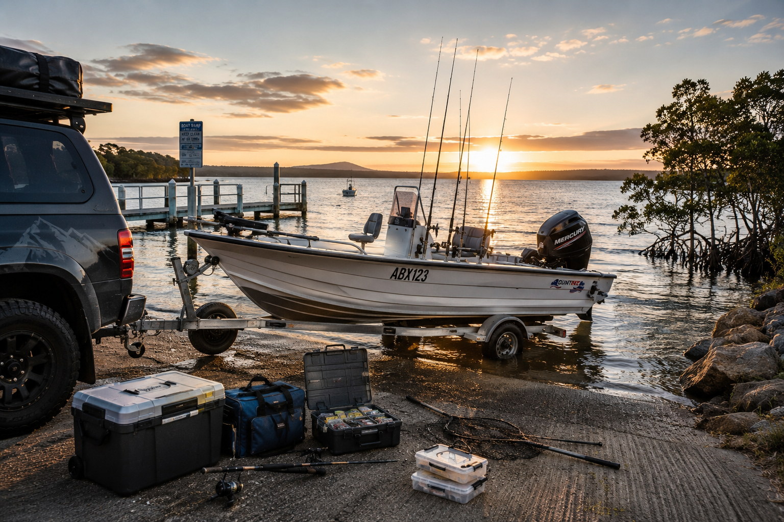 Fishing boat launch setup with rods, tackle and camping gear beside the water at sunset in Australia