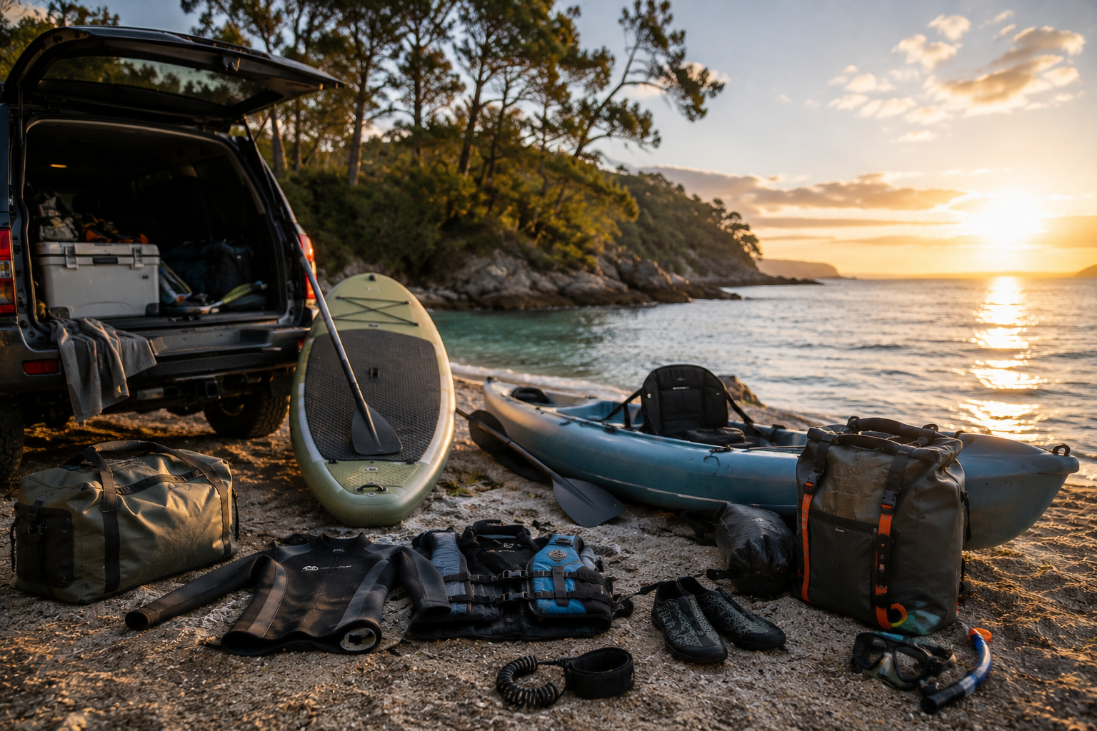 Kayak, paddleboard and water sports camping gear setup on an Australian beach at sunset