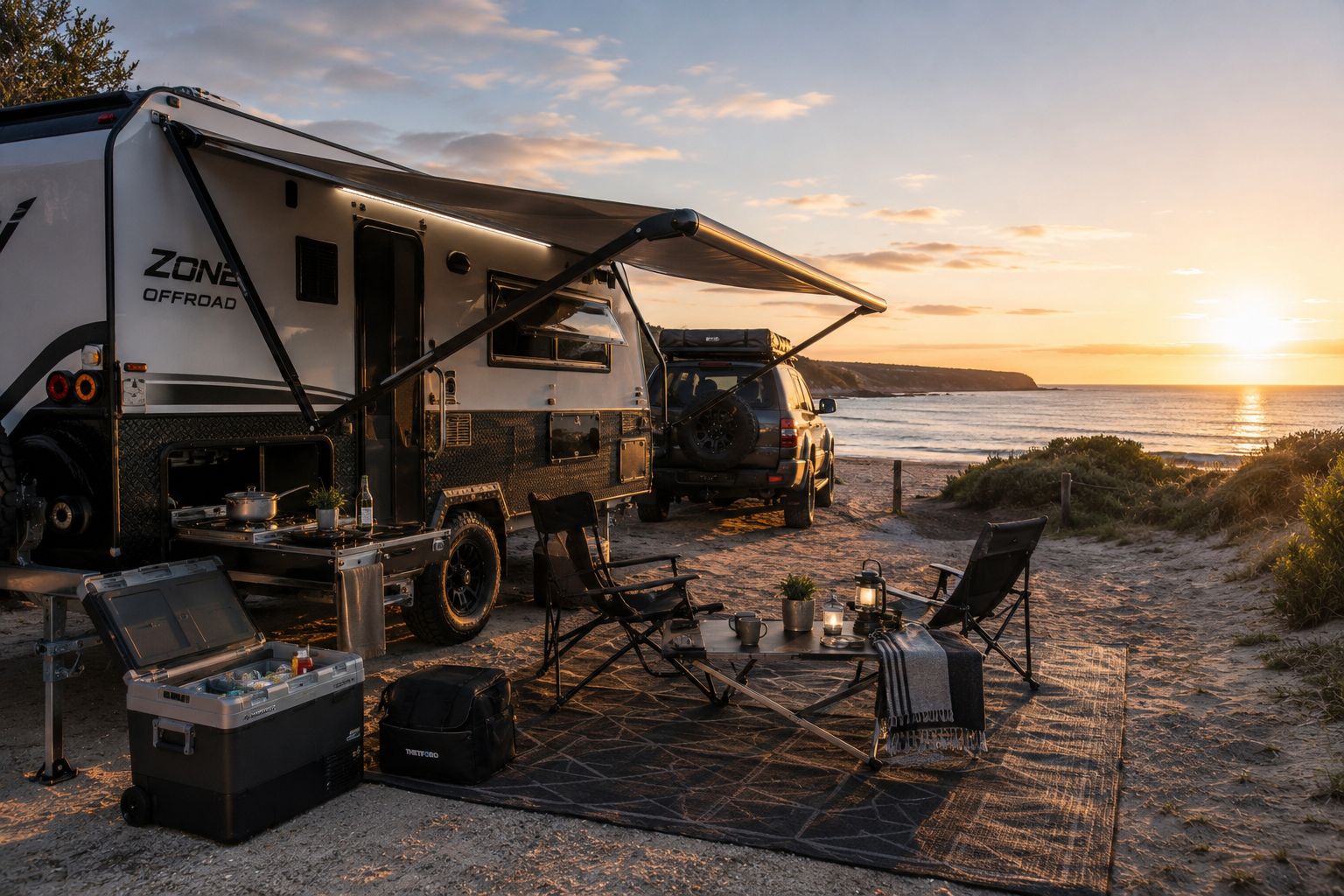 Off-road caravan camping setup on the beach with awning, camping chairs and outdoor kitchen in Australia