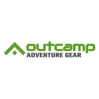 The Outcamp Adventure Gear logo is displayed on a solid white background. The logo features a green mountain peak icon on the left, followed by the brand name 'outcamp' in green and 'ADVENTURE GEAR' in black.