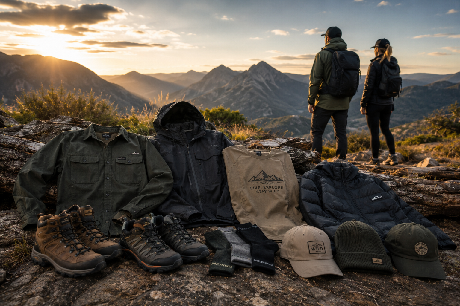 Outdoor hiking clothing, jackets, boots and camping apparel displayed in the mountains at sunset