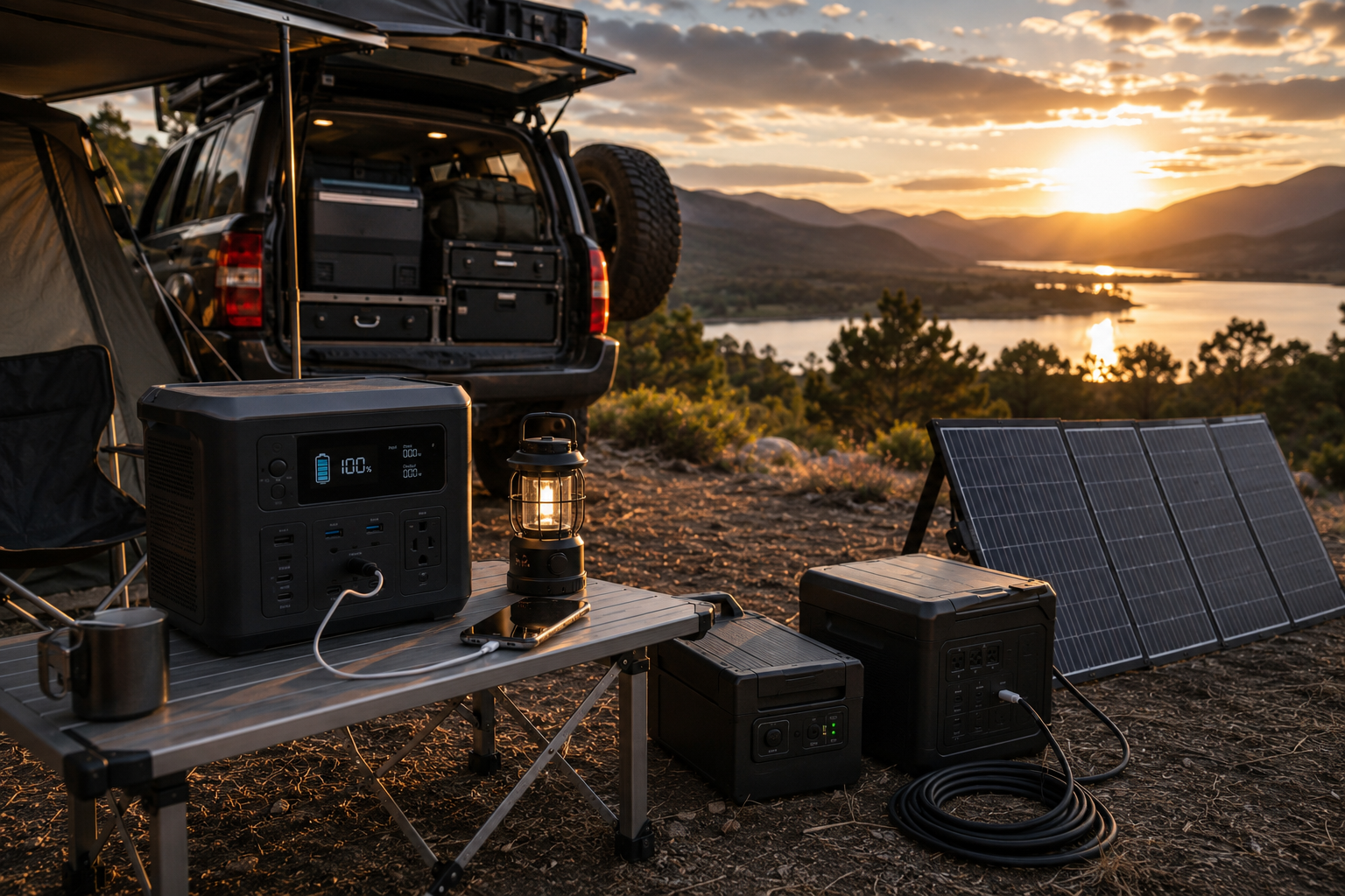 Portable camping power station and solar panel setup at an off-grid campsite in Australia