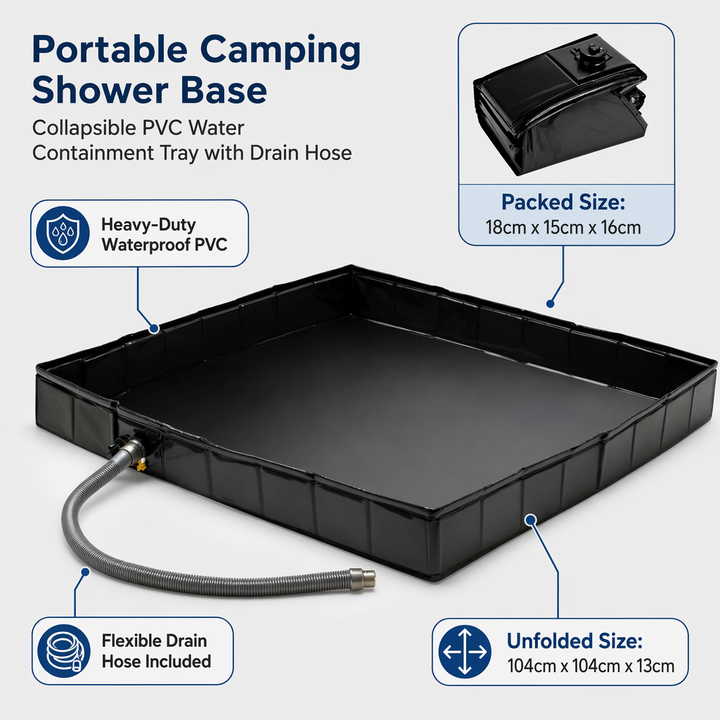 Portable Camping Shower Base - Collapsible PVC Water Containment Tray with Drain Hose