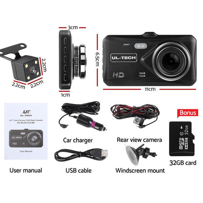 UL Tech 4 Inch Dual Camera Dash Camera - Black - Just Camp | Best Value Outdoor & Camping Store in Australia