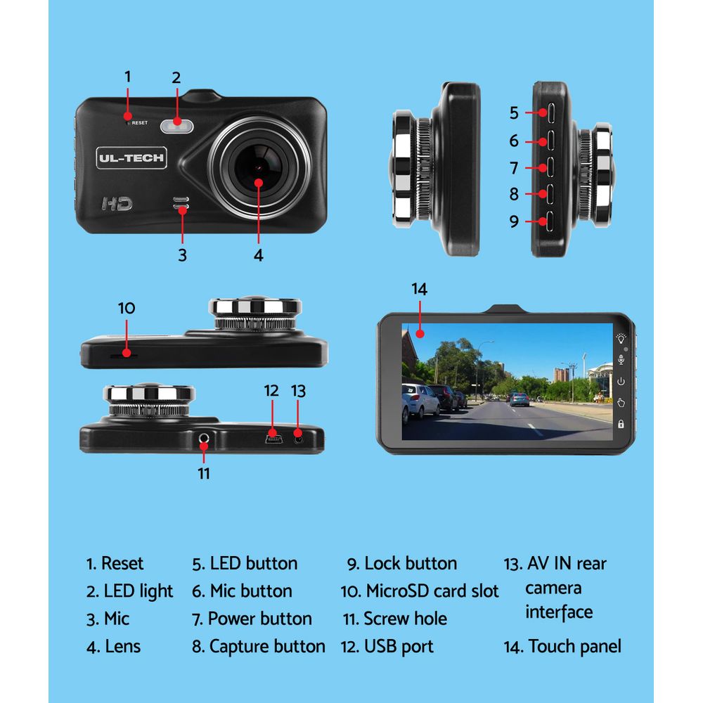 UL Tech 4 Inch Dual Camera Dash Camera - Black - Just Camp | Best Value Outdoor & Camping Store in Australia