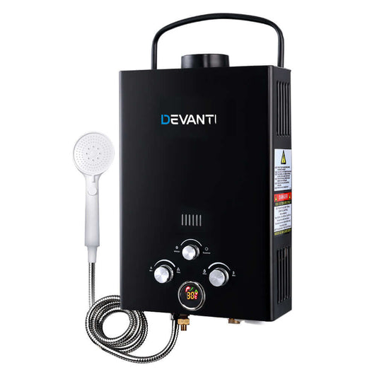 Devanti Outdoor Gas Hot Water Heater Portable Camping Shower 12V Pump Black - Just Camp | Best Value Outdoor & Camping Store in Australia