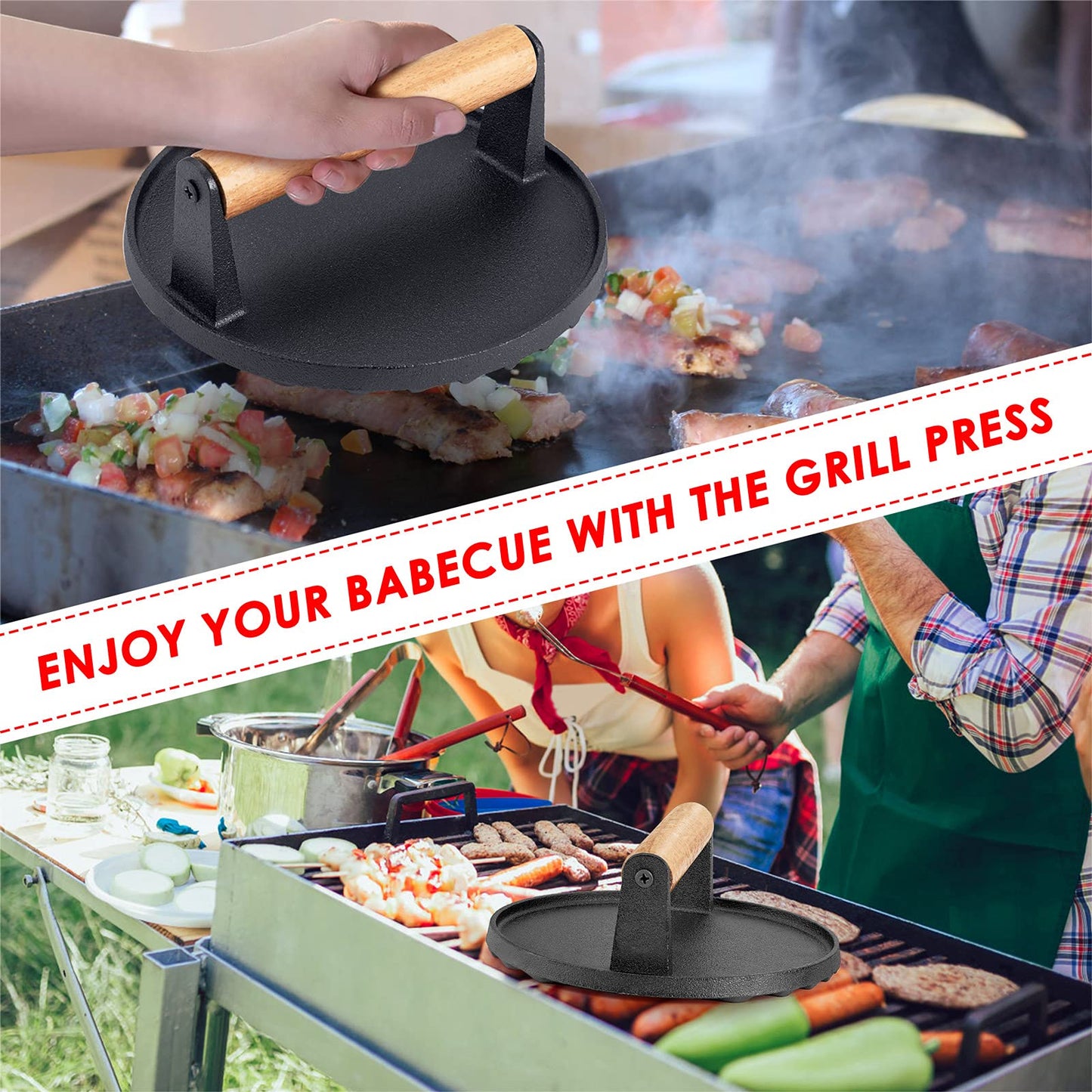 Heavy Duty Round Cast Iron Grill Burger Press Pre-Seasoned Steak Griddle BBQ Grilling - Just Camp | Best Value Outdoor & Camping Store in Australia